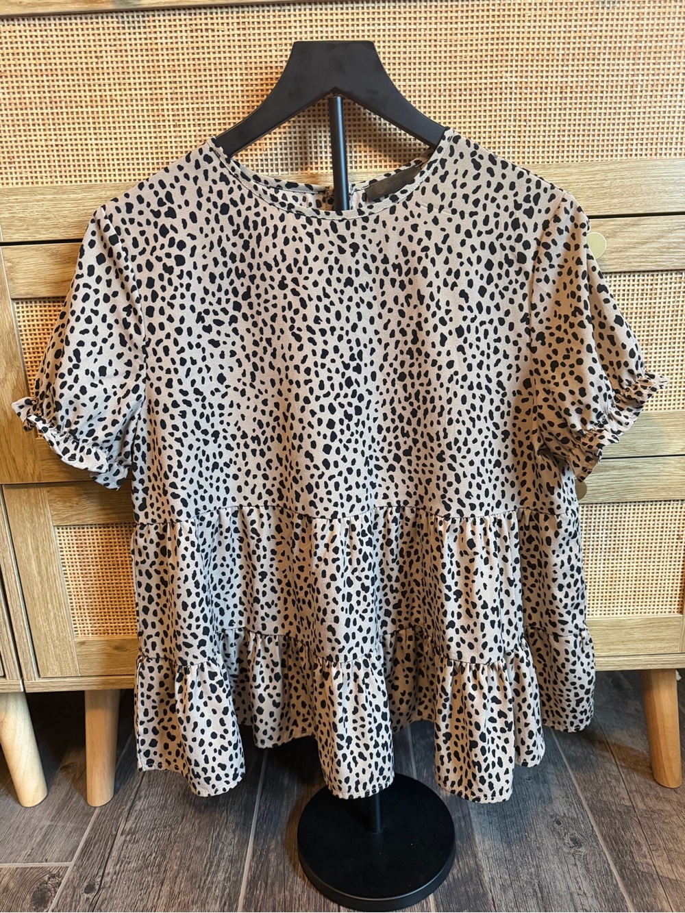 Leopard-Print Tiered Babydoll Blouse in Beige